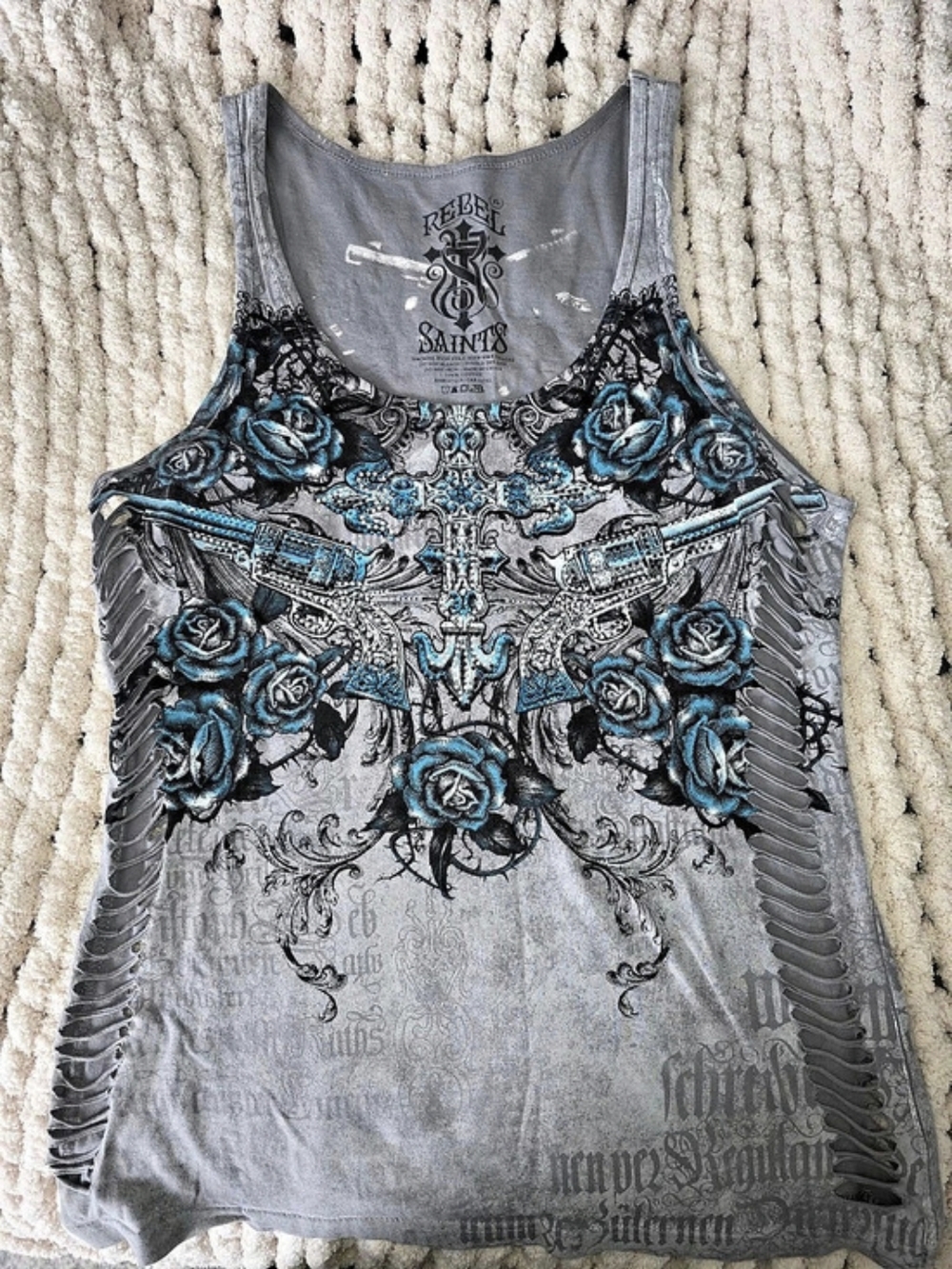 Rebel Saints by Affliction Y2K Rhinestone Guns & Roses Distressed Tank XL